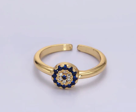 16K Gold Filled Blue Micro Paved CZ Round Evil Eye Ring