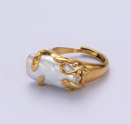 18K Gold Filled White Baroque Freshwater Pearl Molten Drip Ring in Gold & Silver