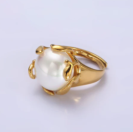 14K Gold Filled White Round Shell Pearl Molten Adjustable Signet Ring