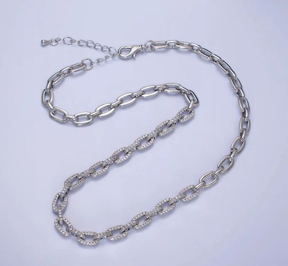 24K Gold Filled 6.5mm Half Micro Paved CZ Paperclip 17 Inch Chain Necklace in Silver